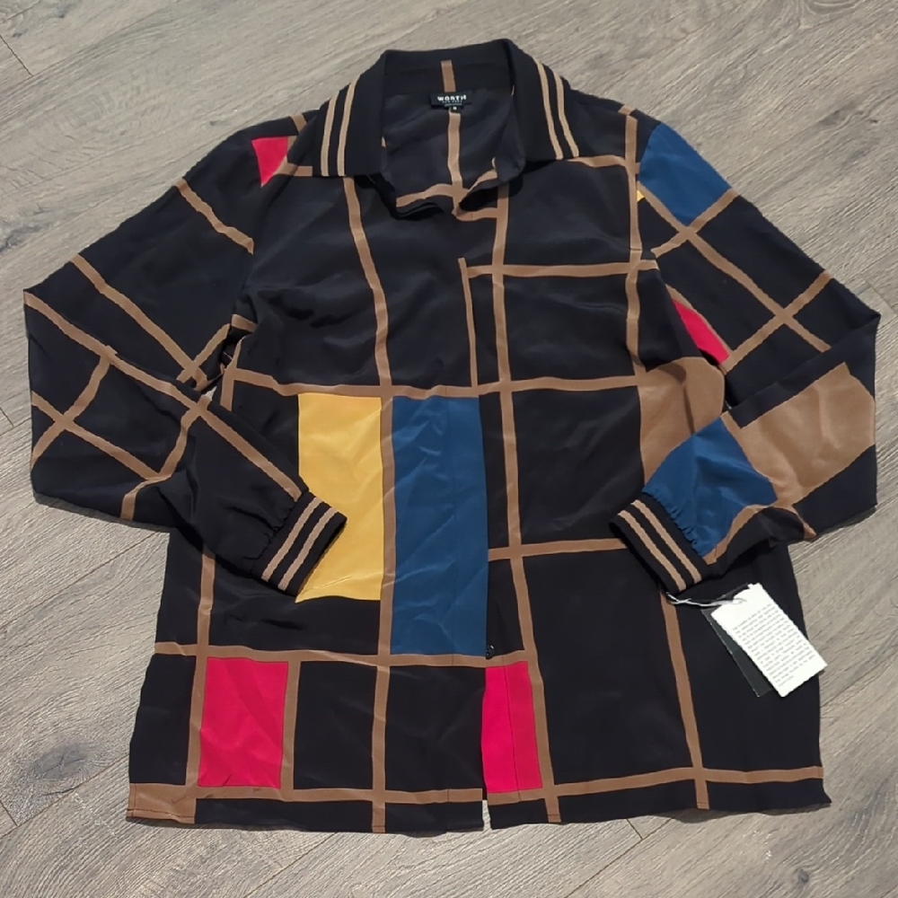 NWT Worth Silk Color Block Long Preppy Button Down Blouse